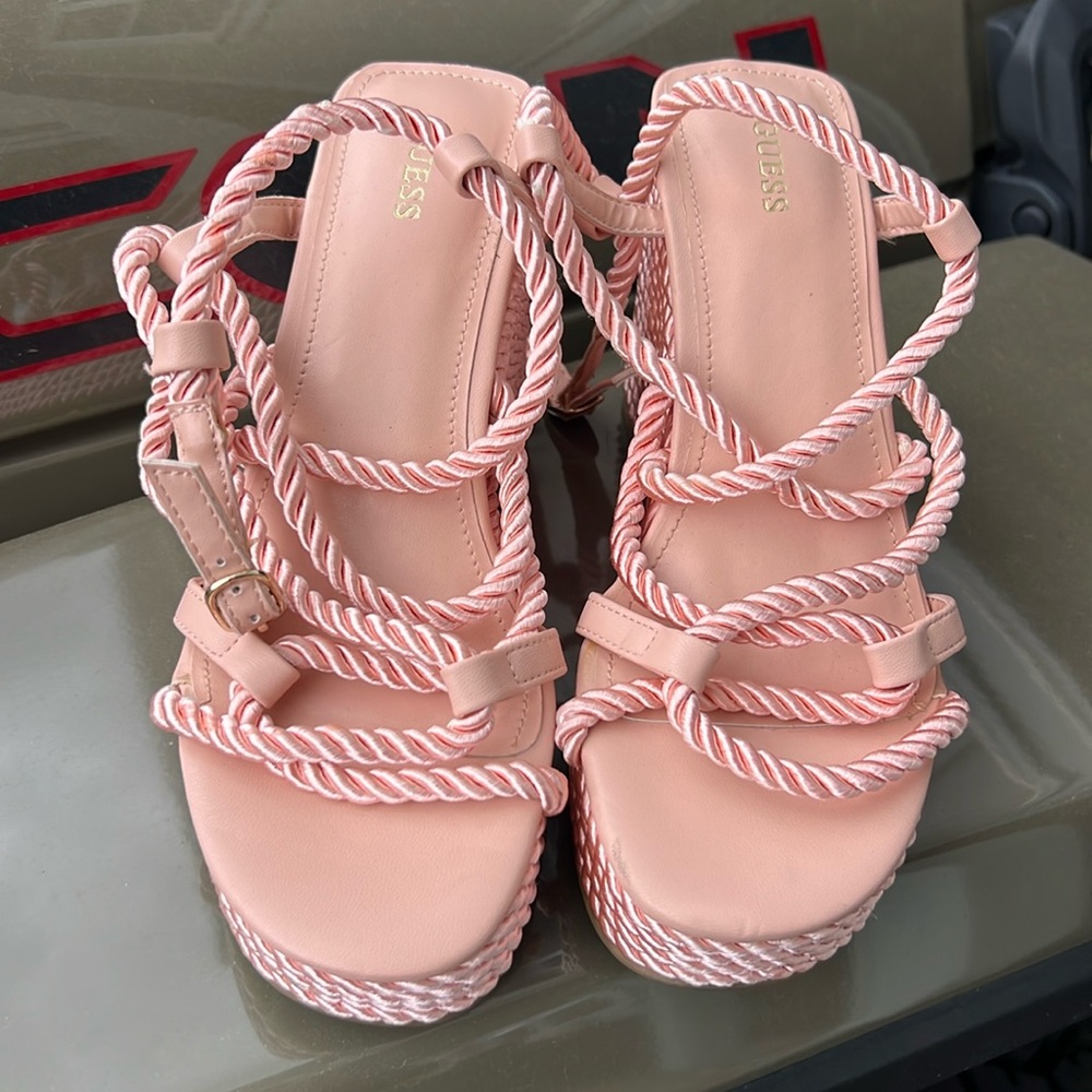 Guess Natesha Pink Satin Rope 4 inch Wedges, Size 7